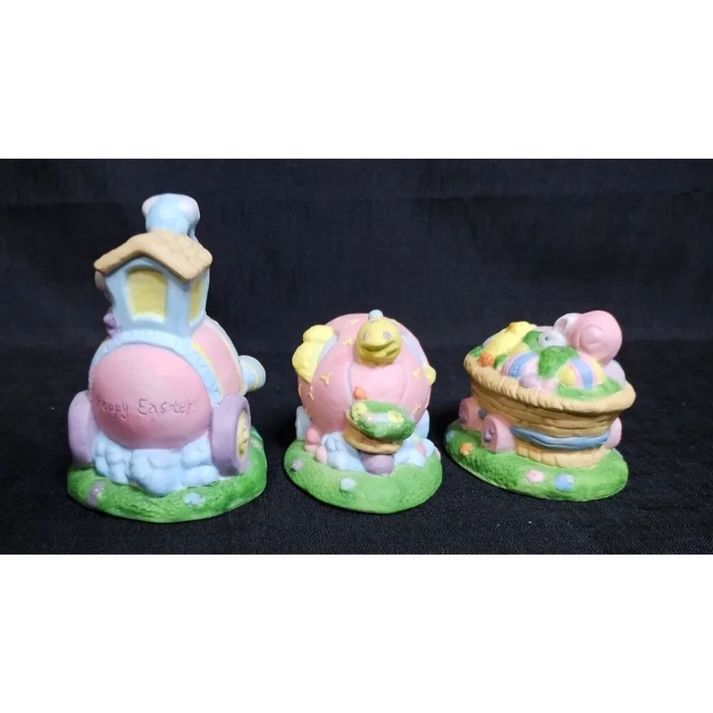 Bisque Ceramic Easter Egg Train 3 Figures Bunny Rabbit Chick Spring Flowers